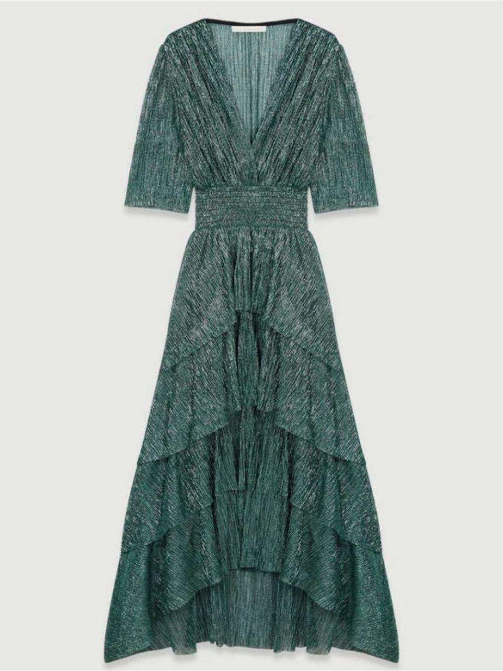Maje Ruffine Stretch Lurex Metallic Green Ruffle Midi Dress Size 42 - Picture 5 of 14